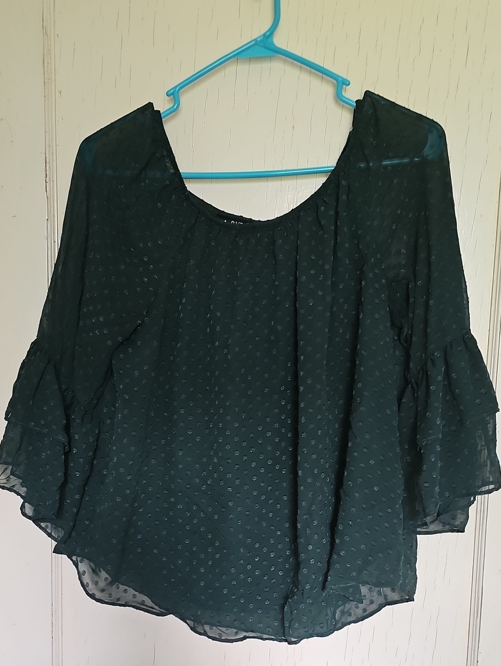 Dark Green Swiss Dot Ruffle Sleeve Women's Blouse